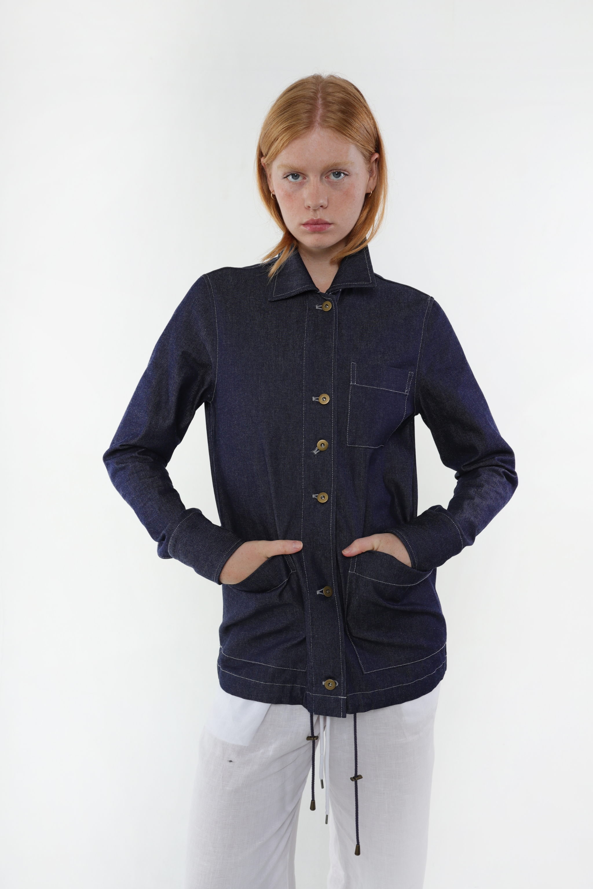 Model in Gardenia jacket in Indigo